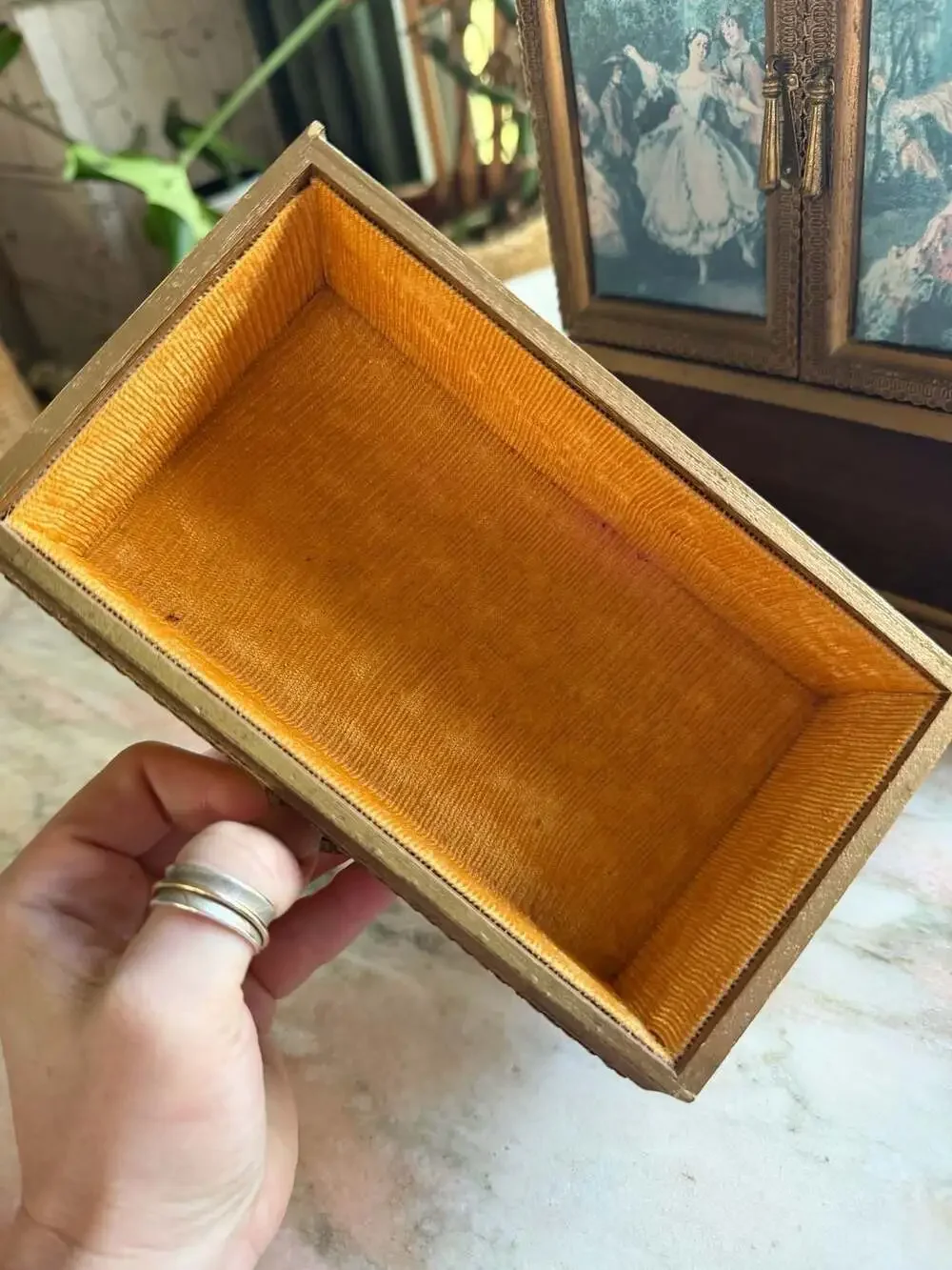 Vintage Florentine Wooden Miniature Armoire Jewelry Box with Romantic Scene Pane